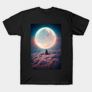 Spaceman sitting on clouds in front of moon T-Shirt